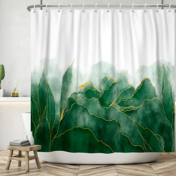 Mizhona Green and Gold Marble Shower Curtain for Bathroom Waterproof Polyester Modern Luxury Decoration with Hooks 72"X72"