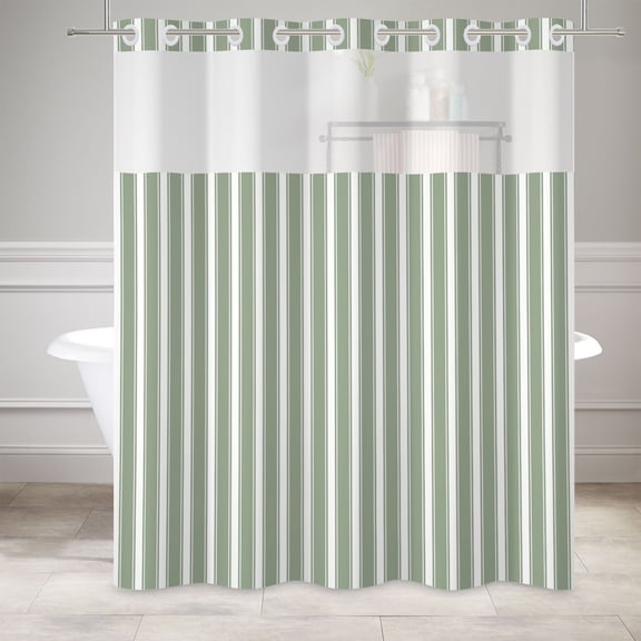 Mizhona Green and White Striped Hookless Shower Curtain with Snap in Liner,No Hooks Shower Curtain,71"× 83"