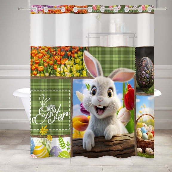 Mizhona Happy Easter No Hook Shower Curtains with Snap in Liner，Cute Bunny Hookless Bath Curtain,71"× 74"