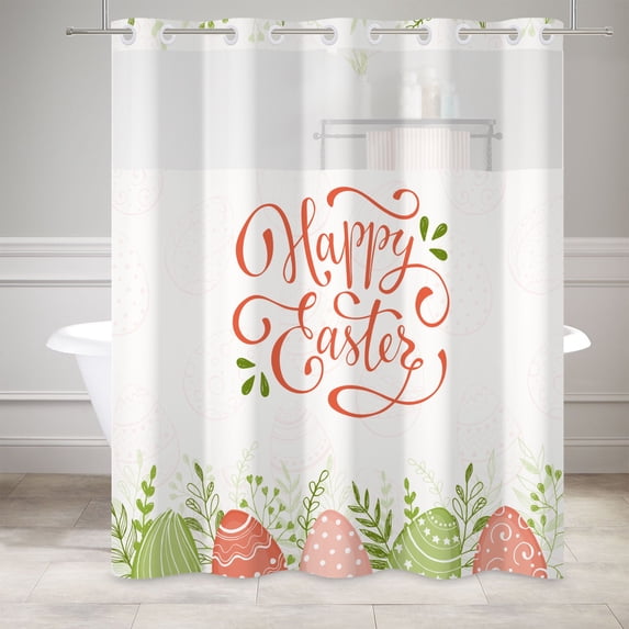 Mizhona Happy Easter No Hook Shower Curtains with Snap in Liner,Red and Pink Eggs Hookless Bath Curtain,71"× 71"