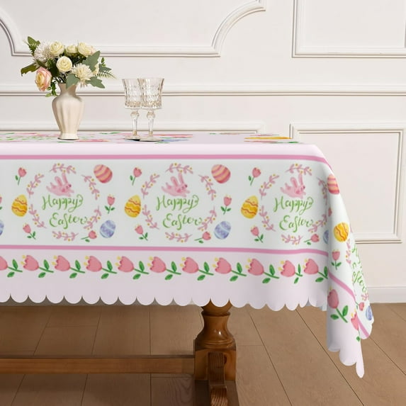 Mizhona Happy Easter Tablecloth Rectangle,Spring Floral Table Cloth for Kitchen Dinner Decor,60"x84"