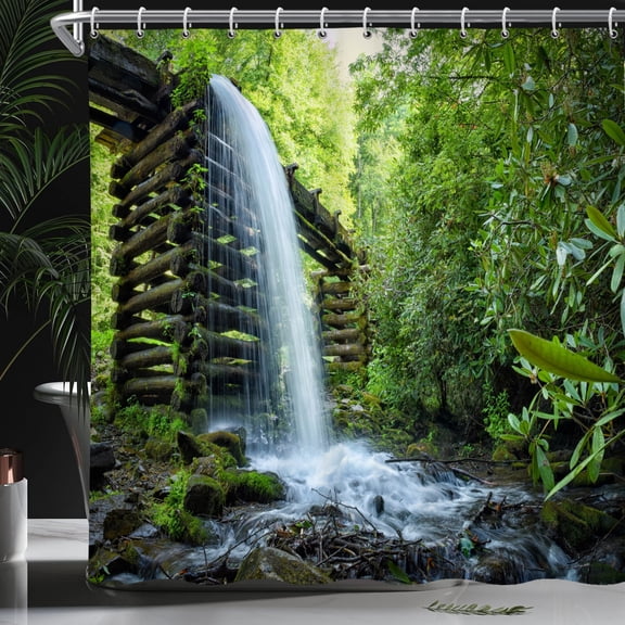 Mizhona Landscape Shower Curtain Waterfall Nature Rainforest for Bathroom Water Resistant Washable Shower Curtains with Hooks 72"x78"
