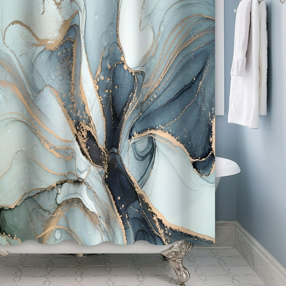 Mizhona Marble Shower Curtain Blue and Gold Modern Abstract Waterproof Polyester for Bathroom Luxury 47"x64"