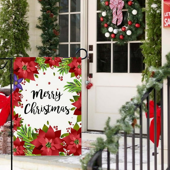 Mizhona Merry Christmas Garden Flag with Red Floral Double Sided for Outside Garden Yard Decor Welcome Flags 12"X18"