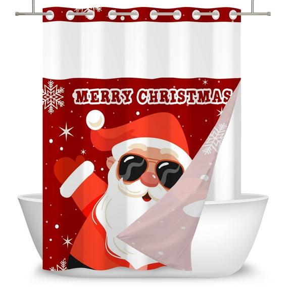 Mizhona Merry Christmas No Hooks Shower Curtains with Snap in Liner Red Christmas Santa Claus Hookless Fabric Bathroom Curtain,71"× 71"