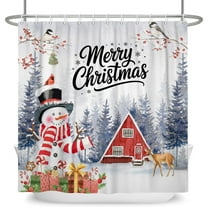 Mizhona Merry Christmas Shower Curtain Snowman Pine Tree Farmhouse for Bathroom Holiday Winter Decor with Hooks 72"X72"