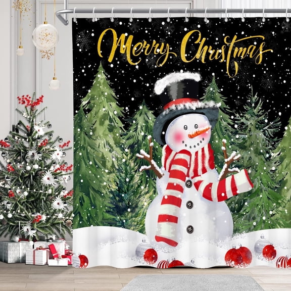Mizhona Merry Christmas Shower Curtain Snowman Winter Bathroom Curtain Set with Hooks Decorative 72"X72"