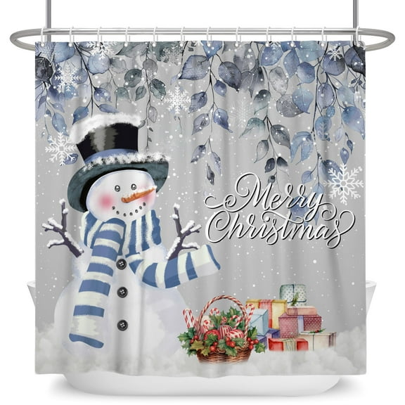 Mizhona Merry Christmas Shower Curtain Snowman with Gift for Bathroom Winter Holiday New Year Decor with Hooks 72"X72"