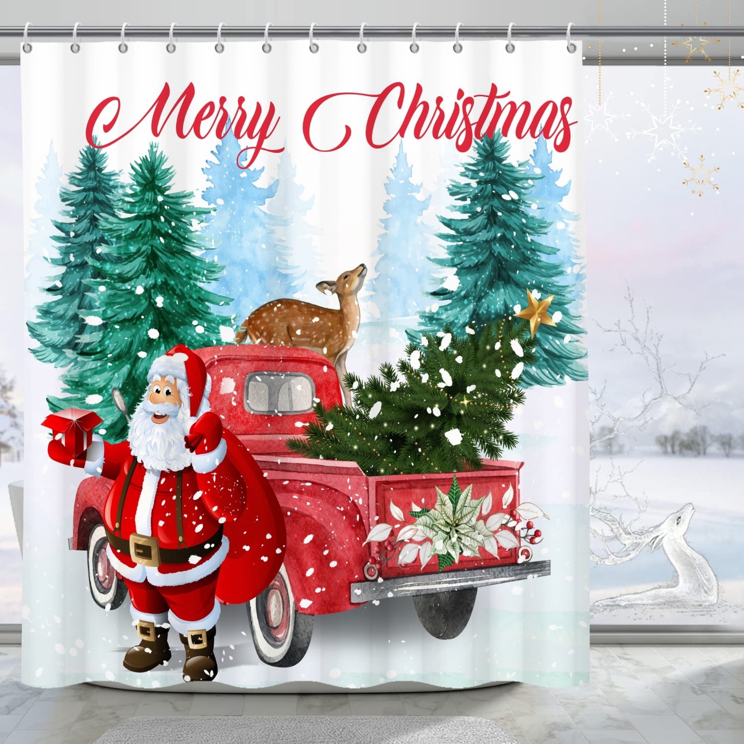Mizhona Merry Christmas Shower Curtain Xmas Tree Snowman Red Truck for Bathroom Holiday Winter New Year Waterproof Decor 72"x78"