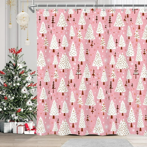 Mizhona Merry Christmas Shower Curtain Xmas Tree for Bathroom Holiday Winter New Year Pink Decor Waterproof with Hooks 72"X72"