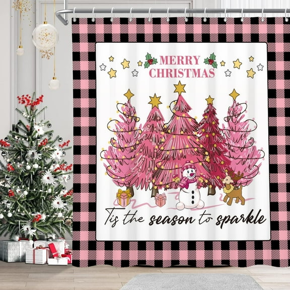 Mizhona Pink Christmas Tree Shower Curtain Winter Theme Snowman Bathroom Curtain Set Decor 72"X72"