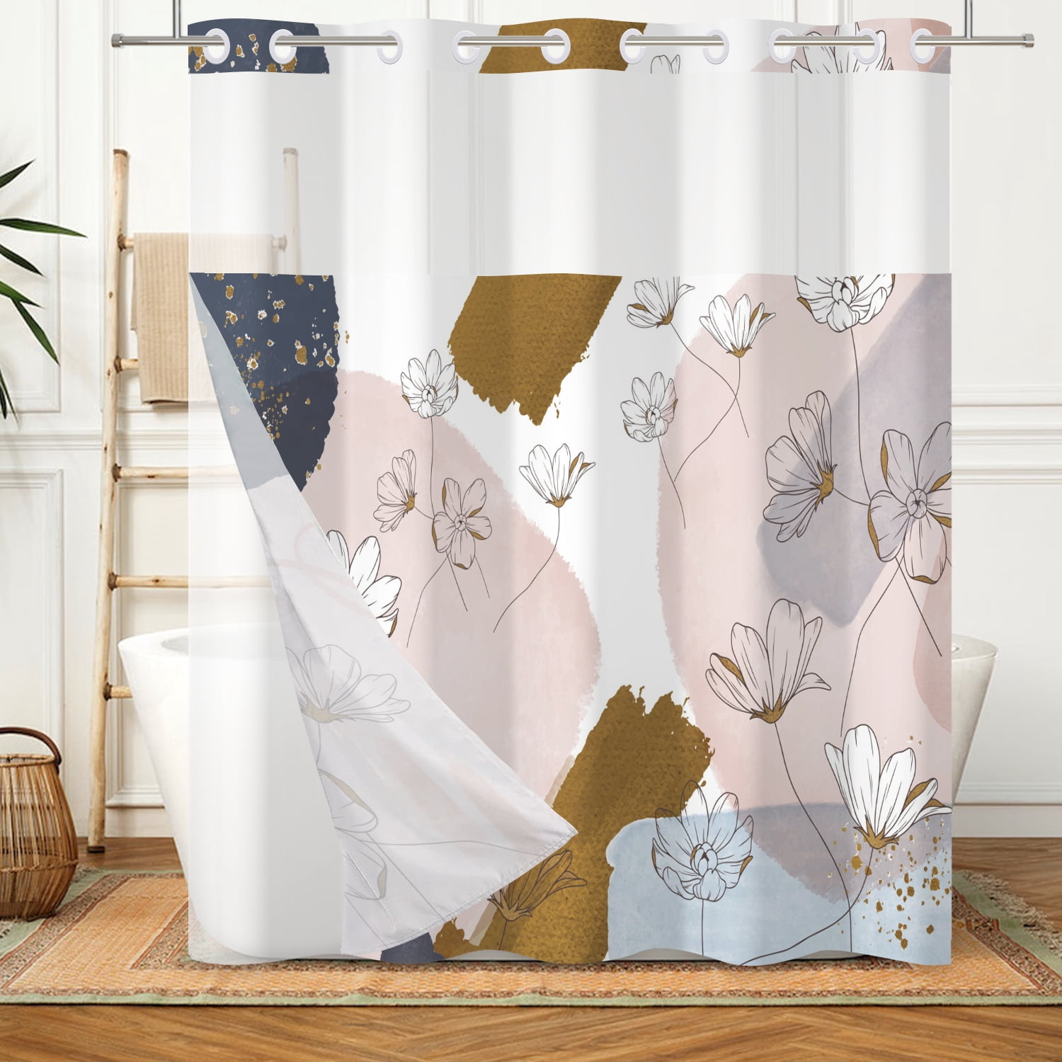 Mizhona Mid Century Hookless Shower Curtain with Snap in Liner,Boho Pink No Hook Fabric Shower Curtain,71"× 74"