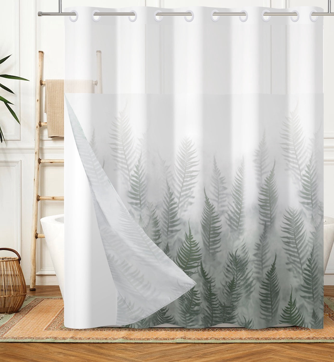 Mizhonag Grey and Green Hookless Shower Curtain with Snap in Liner Forest No Hook Waterproof Fabric Bathroom Curtain,71"× 74"