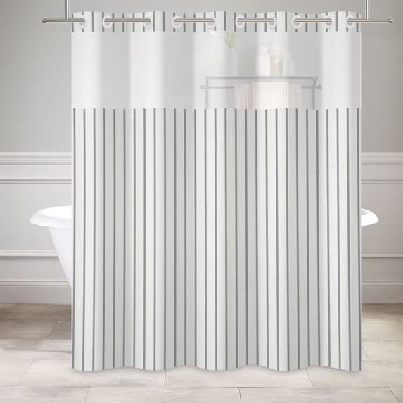 Mizhona Modern Minimalist No Hooks Shower Curtains with Snap in Liner White and Grey Stripes Aesthetic Hookless Fabric Bathroom Curtain,71"× 86"