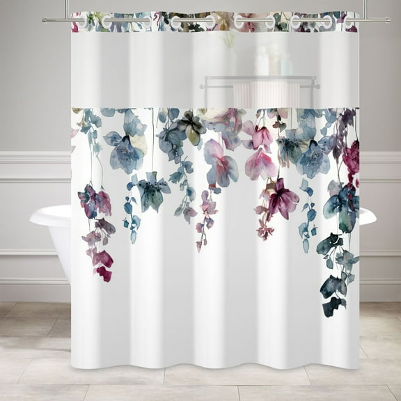 Mizhona Nature Blue and Purple Leaves Hookless Shower Curtain with Snap in Liner,No Hooks Fabric Bath Curtain,71"× 74"