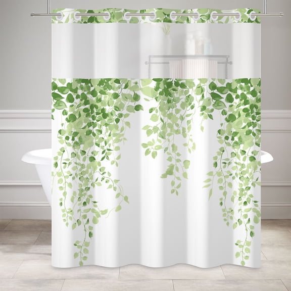 Mizhona Nature Green Leaves Hookless Shower Curtain with Snap in Liner，No Hooks Fabric Bath Curtain,71"× 86"