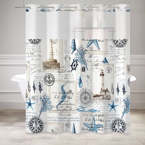 Mizhona Nautical Coastal No Hook Shower Curtain with Snap in Liner,Seahorse Hookless Bath Curtain,71"× 83"
