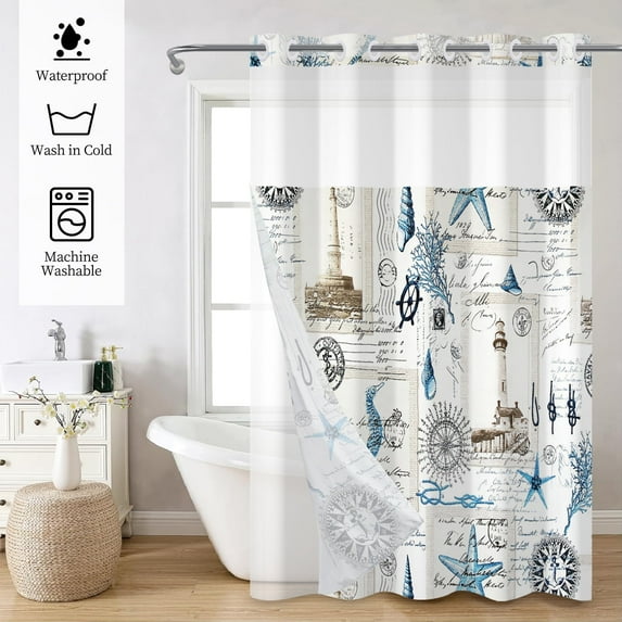 Mizhona Nautical Coastal Shower Curtain with Snap in Liner,Seahorse No Hook Bath Curtain,71"× 71"