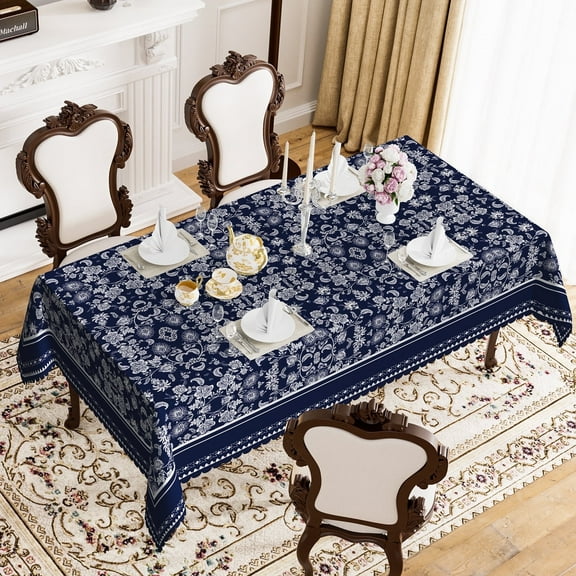 Mizhona Navy Blue Boho Tablecloth Rectangle Bohemia French Floral Print Table Cover for Kitchen Dinner Decor,60"x84"