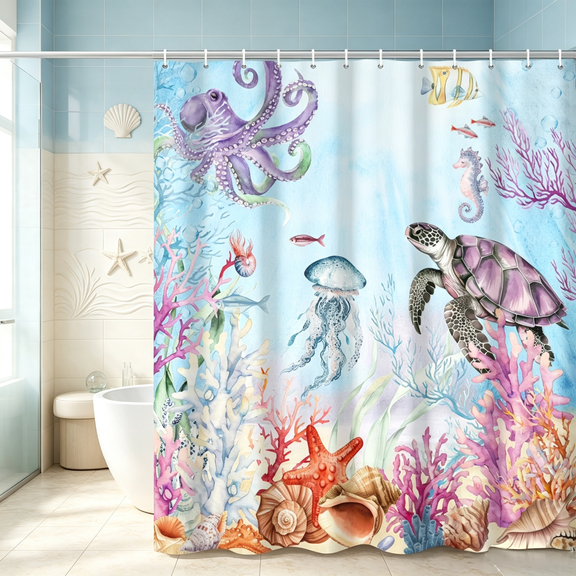 MIZHONA Coastal Ocean Shower Curtain Sea Turtle Bathroom Curtains Octopus and Jellyfish Coral Bathroom Decor 72"X72"