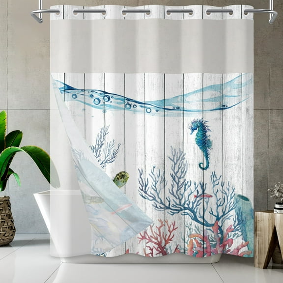 Mizhona Ocean Shower Curtain Hookless Funny Sea Turtle and Sea Horse for Bathroom with Snap in Liner Waterproof Summer Decor 71"X71"