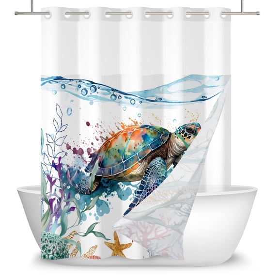 Mizhona Ocean Shower Curtain with No Hook Funny Sea Turtle for Bathroom with Snap in Liner Waterproof Polyester Summer 71"x83"