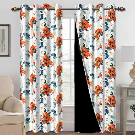 Mizhona Orange Floral Blackout Curtains for Living Room Rustic Window Curtain Set of 2,52"x96"