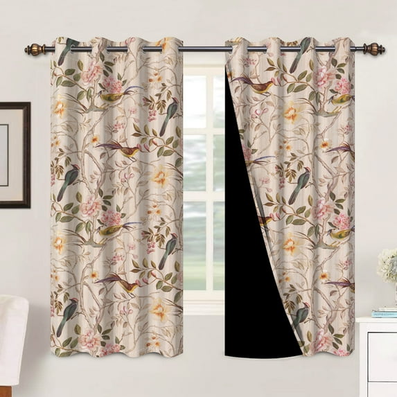 Mizhona Pink Blackout Curtains for Bedroom,Chinese Theme Birds Printed Room Darkening Curtains Set of 2,42"x63"