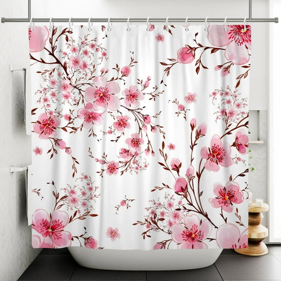 Mizhona Pink Floral Shower Curtain Japanese Cherry Blossom Waterproof Polyester for Bathroom With Hooks 47"x64"