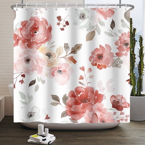 Mizhona Pink Red White Flowers Floral Shower Curtain Waterproof Polyester Bathroom Funny Spring 72"X72"