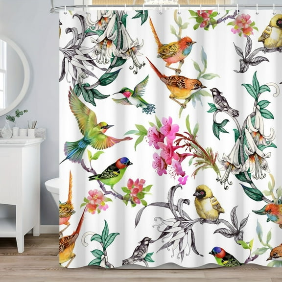 Mizhona Spring Floral Shower Curtain with Birds Plants and Hummingbirds Bathroom Curtain Decor with Hooks 72"W x 72"L