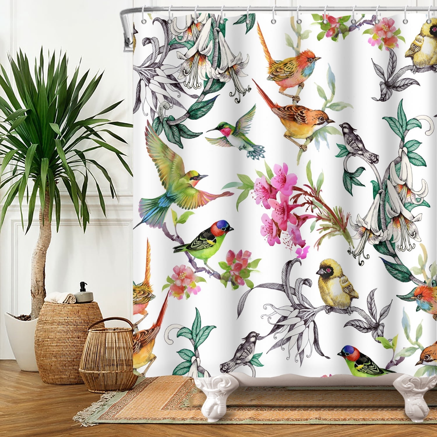 Mizhona Plant Bird Shower Curtain Watercolor Colorful for Bathroom Waterproof Polyester Funny Pretty Decor with Hooks 72"x78"