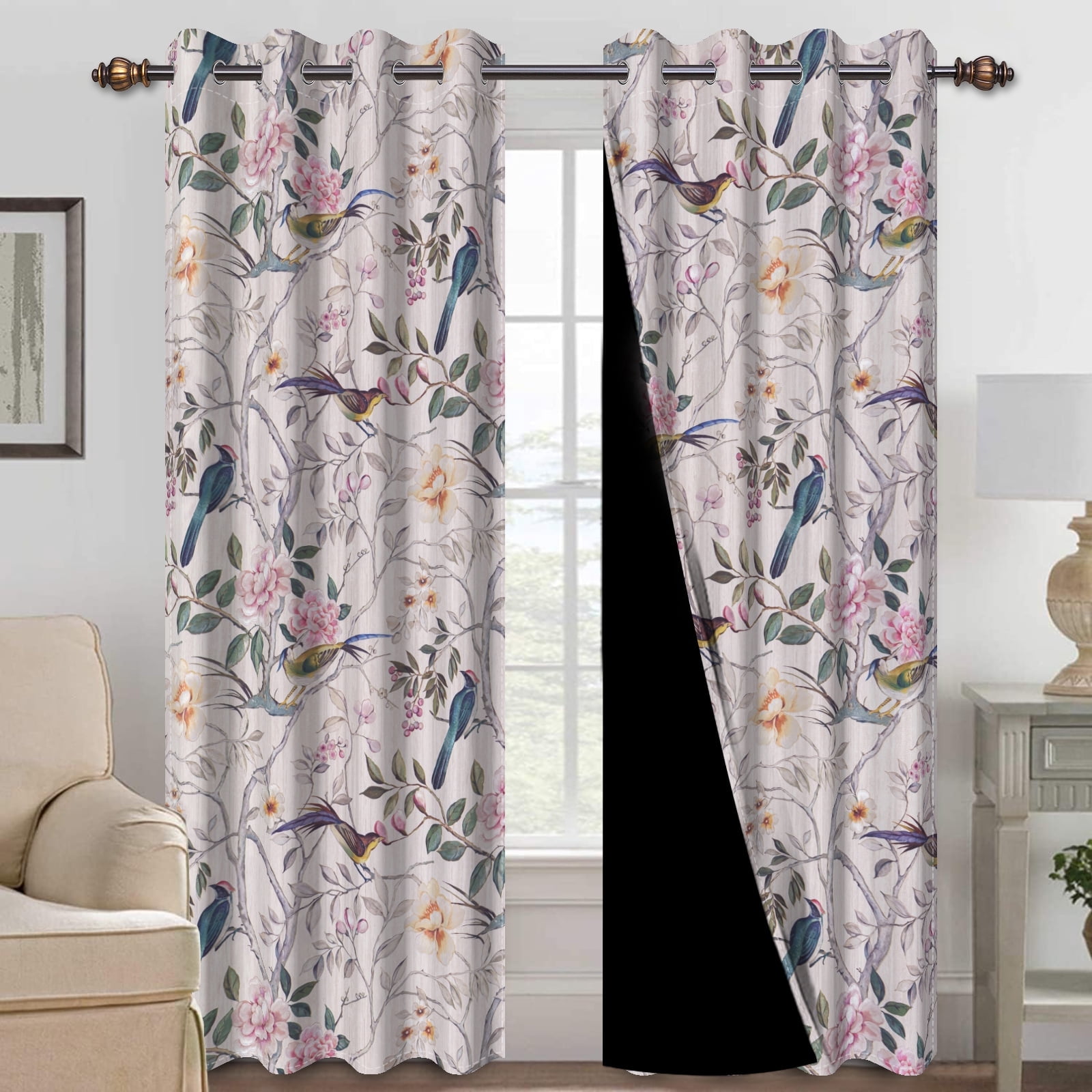 Mizhona Purple Blackout Curtains for Bedroom,Chinese Theme Birds Printed Room Darkening Curtains Set of 2,42"x84"