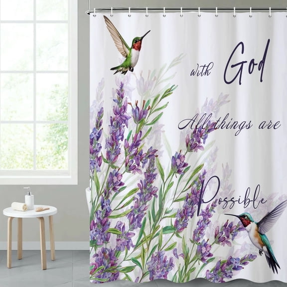 MIZHONA Purple Lavender Shower Curtain Hummingbird Floral with Birds Fabric Bathroom Curtain Decoration 72"X72"