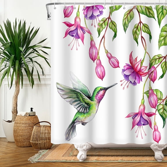 MIZHONA Birds and Floral Shower Curtain Spring Hummingbird Bathroom Curtain with Hooks 72"x72"