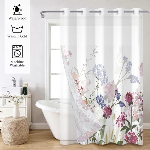Mizhona Spring Purple Floral Shower Curtain with Snap in Liner No Hook Fabric Bathroom Curtain,71"W x 74"L