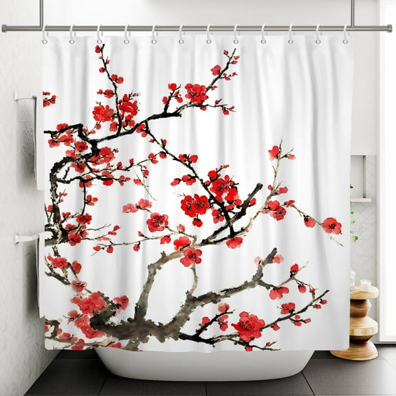 Mizhona Red Floral Shower Curtain for Bathroom Modern Water Resistant Polyester Washable Decoration 72"X72"