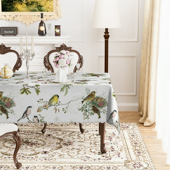Mizhona Rustic Bird Rectangle Tablecloth,Green Plants Table Cloth for Kitchen Dinner Decor,54"x72"