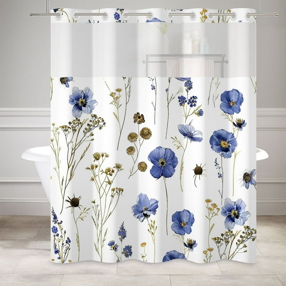 Mizhona Rustic Blue Floral Hookless Shower Curtain with Snap in Liner，No Hooks Fabric Bath Curtain,71"× 71"