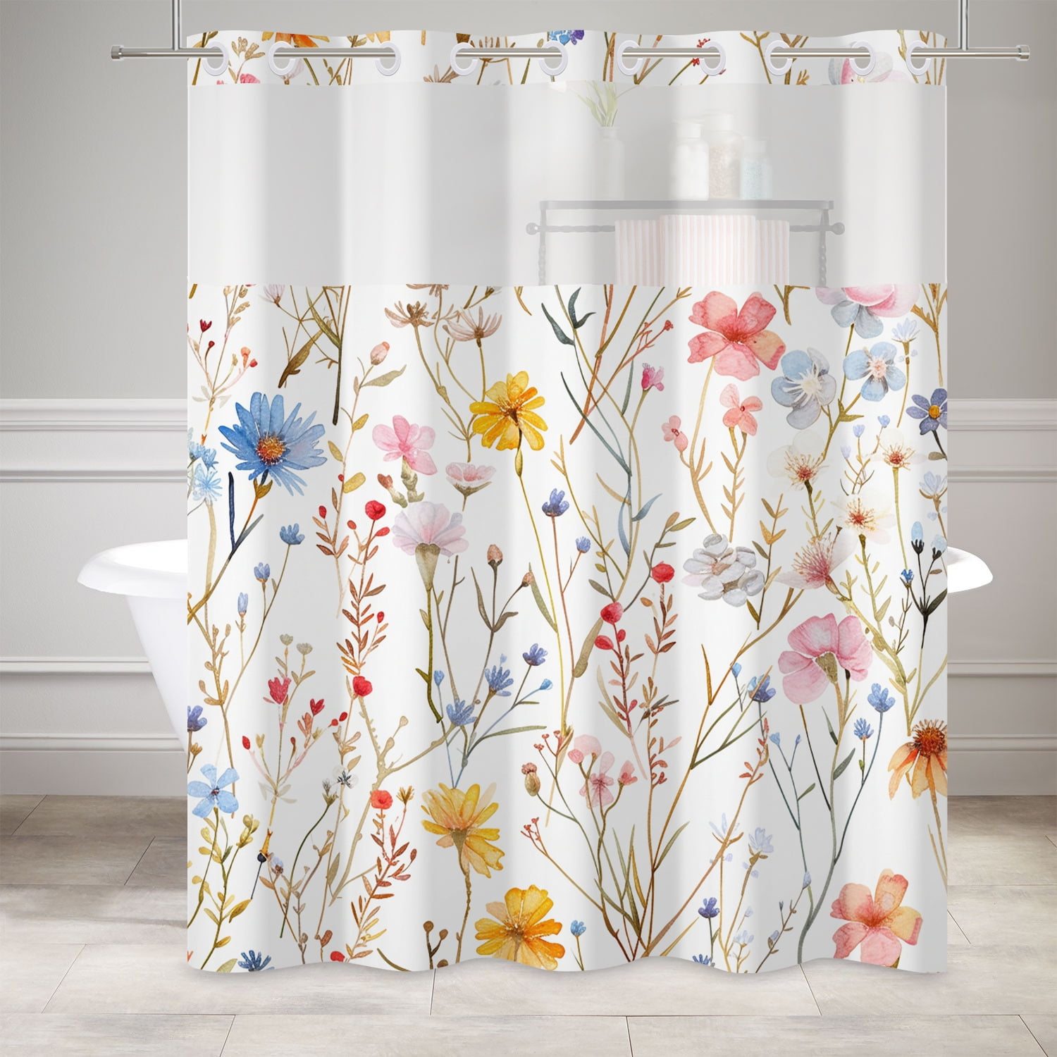 Mizhona No Hook Shower Curtain with Snap in Liner Rustic Yellow Floral
