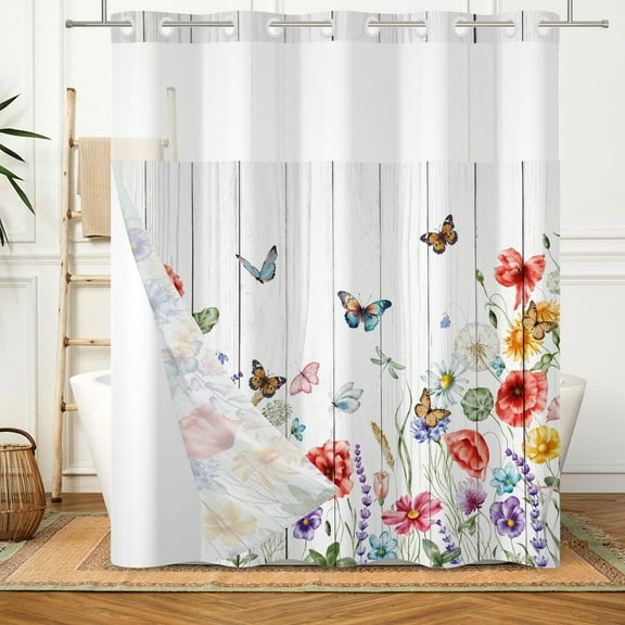 Mizhona Floral with Butterfly No Hook Shower Curtain with Snap in Liner Hookless Rustic Flowers Fabric Bathroom Curtain,71"× 71"
