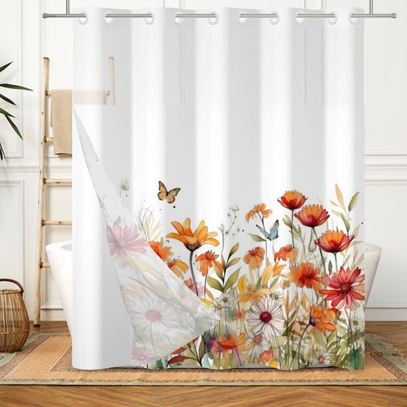 Mizhona Spring Floral Hookless Shower Curtains with Snap in Liner No Hooks Flowers with Butterfly Fabric Bathroom Curtain,71"W x 71"L
