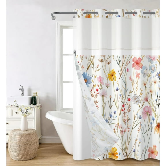 Mizhona Wildflower Shower Curtain with Snap in Liner Rustic Floral No Hook Fabric Bathroom Curtain,71"× 74"