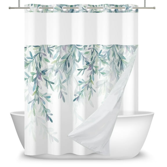 Mizhona Sage Green Shower Curtain Eucalyptus Leaf with No Hook for Bathroom with Snap in Liner Waterproof Washable 71"X71"