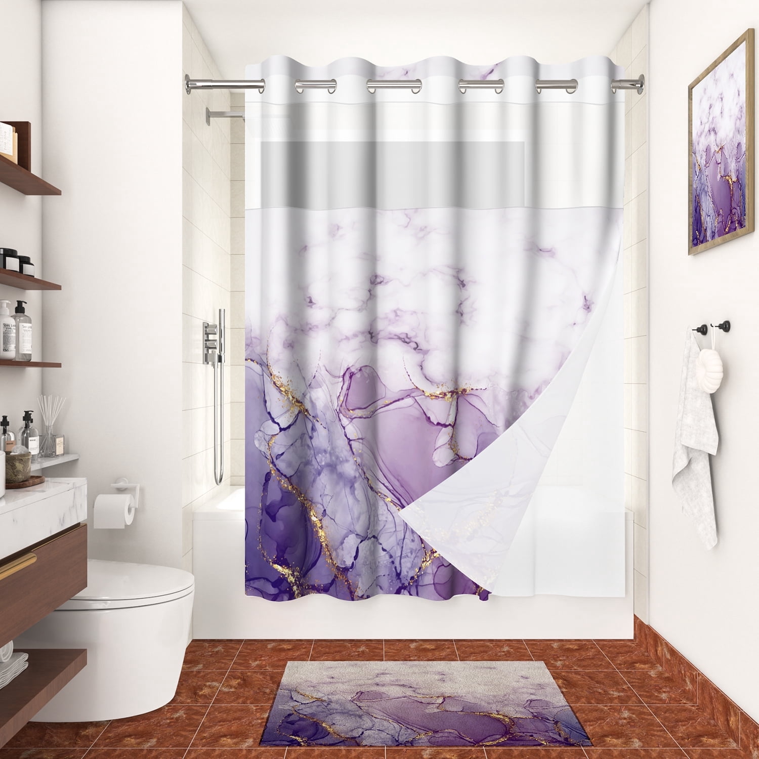Mizhona Shower Curtain with Liner Purple Marble No Hook Shower Curtain for Bathroom ,71"x74"