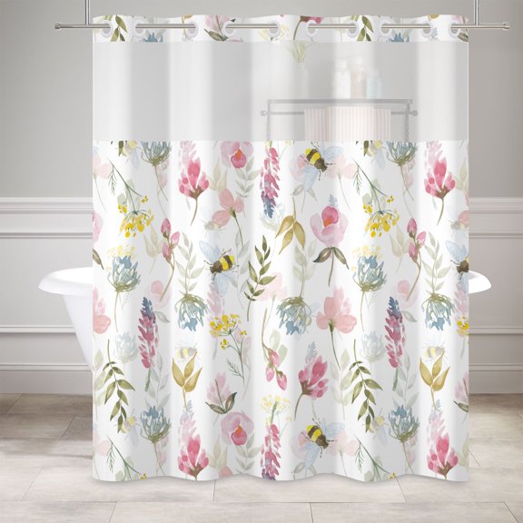 Mizhona Spring Pink Floral No Hooks Shower Curtains with Snap in Liner Watercolor Plants Bee Hookless Fabric Bathroom Curtain,71"× 71"