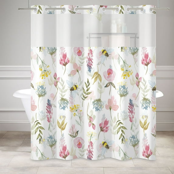 Mizhona Spring Pink Floral No Hooks Shower Curtains with Snap in Liner Watercolor Plants Bee Hookless Fabric Bathroom Curtain,71"× 71"