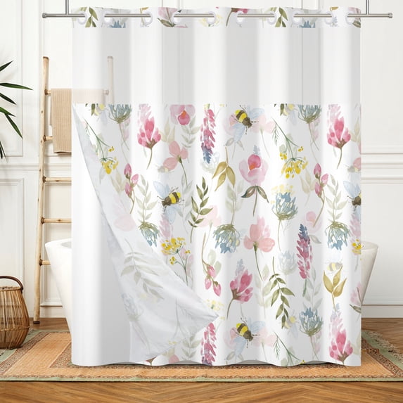 Mizhona Spring Pink Floral No Hooks Shower Curtains with Snap in Liner Watercolor Plants Bee Hookless Fabric Bathroom Curtain,71"× 74"