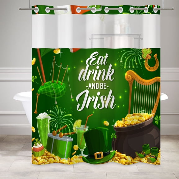 Mizhona St.Patricks Day No Hook Shower Curtain with Snap in Liner,Gold Coin Hookless Bath Curtain,71"× 86"
