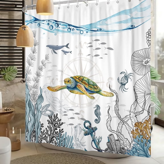 Mizhona Summer Shower Curtain Funny Sea Turtle Dolphin for Bathroom Waterproof Polyester Fancy Modern Decor 60"x72"